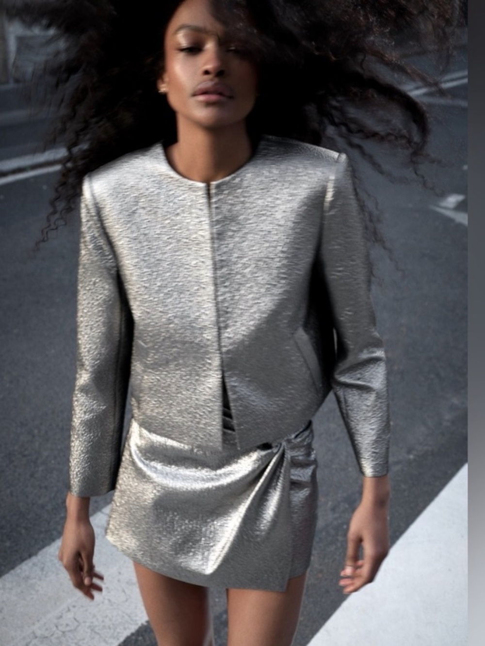 Zara SET Metallic Silver Crop Blazer & Skort